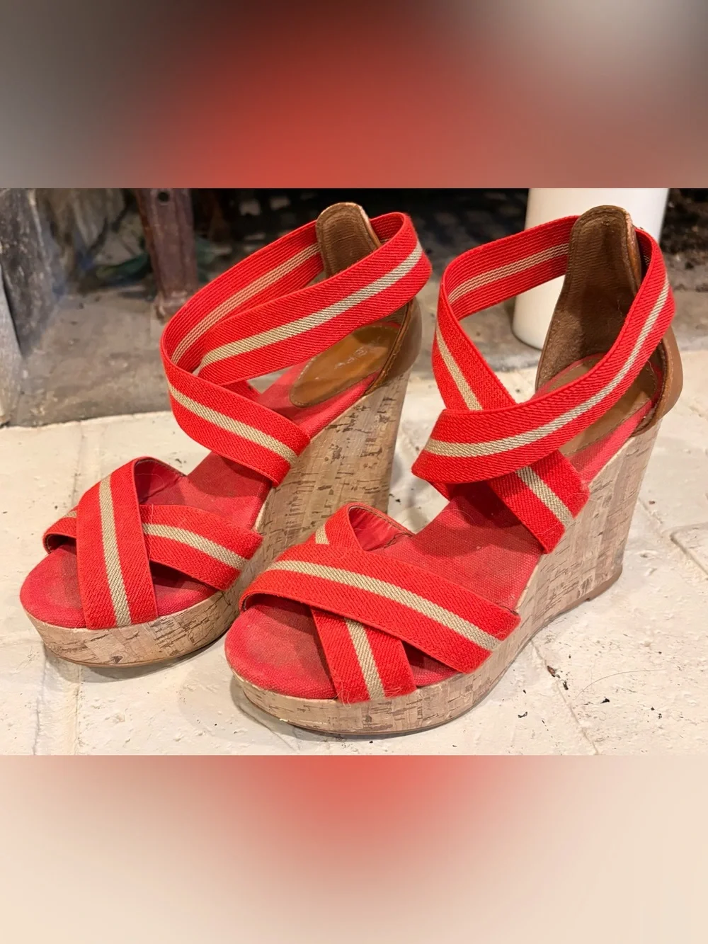 Merona Cork Wedge Sandals Red Stripe Size 6